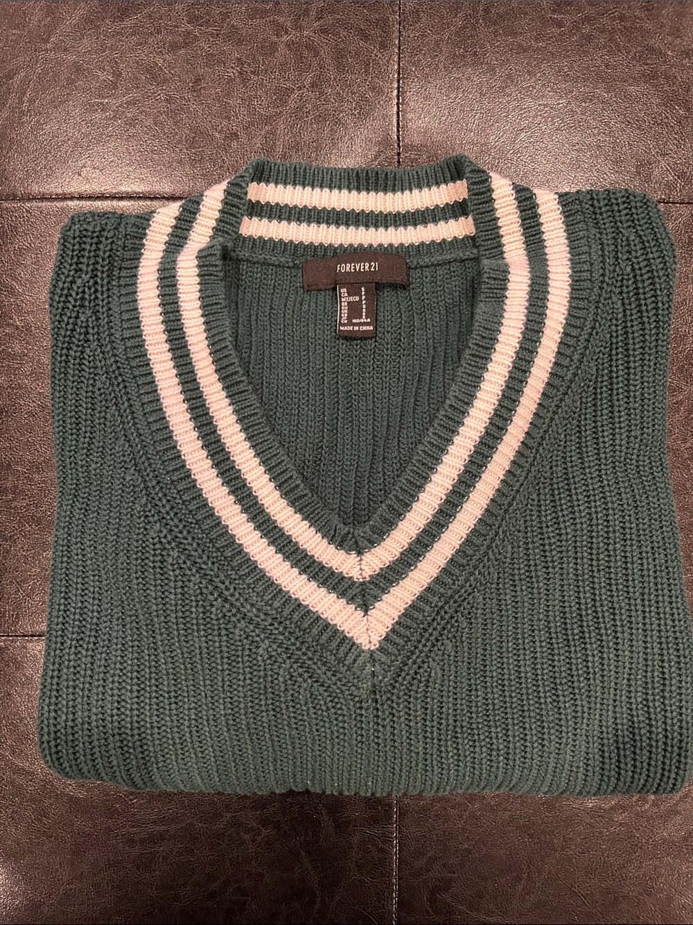 Forever 21 Woman’s Forest Green V-Neck Sweater with White Stripe